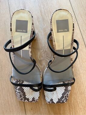 Dolce Vita Black Strappy Snake-Print Square-Toe Heels